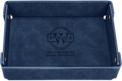 Engraved Father’s Day Leather Valet Tray – Personalized Leather Catch All with Custom Name – Men’s Valet Tray Organizer for Keys, Watches, and Jewelry – Unique Dad Gift from Daughter or Son - Blue
