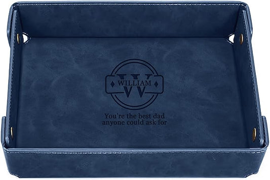 Engraved Father’s Day Leather Valet Tray – Personalized Leather Catch All with Custom Name – Men’s Valet Tray Organizer for Keys, Watches, and Jewelry – Unique Dad Gift from Daughter or Son - Blue