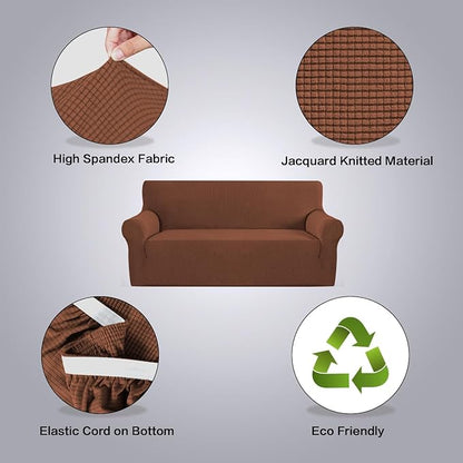 H.VERSAILTEX Stretch Sofa Covers for 3 Cushion Couch Covers Sofa Slipcovers for Living Room Feature Thick Checked Jacquard Fabric with Elastic Bottom, Sofa Large - Caramel