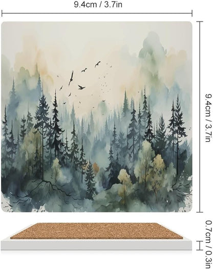 Forest Drink Coasters, Square Ceramic Drink Coaster 4PCS, Watercolor Style Nature Mountain Woodland Green Forest Flying Birds Decor Absorbent Ceramic Coasters for Beverage Cup, Bar, Coffee Table