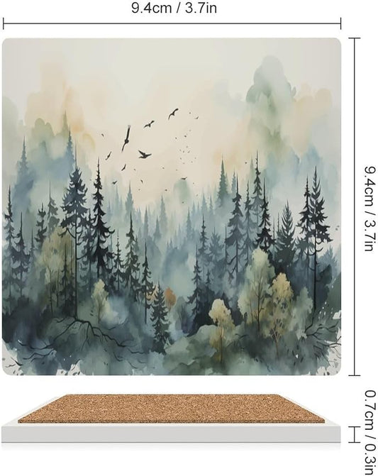 Forest Drink Coasters, Square Ceramic Drink Coaster 4PCS, Watercolor Style Nature Mountain Woodland Green Forest Flying Birds Decor Absorbent Ceramic Coasters for Beverage Cup, Bar, Coffee Table