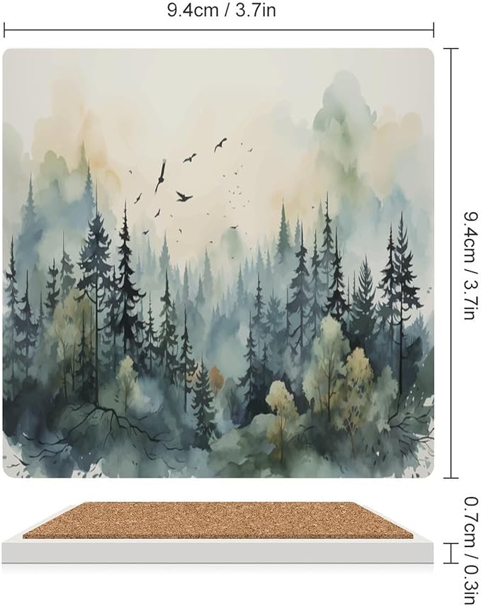 6PCS Forest Drink Coasters, Square Modern Ceramic Absorbent Coasters, Watercolor Style Nature Mountain Woodland Green Forest Flying Birds Decor Desk Coffee Table Coaster for Beverage Cup Tea Coasters