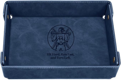 Engraved Baseball Valet Tray–Personalized Leather Catchall with Custom Name–Men’s Nightstand Organizer for Keys, Wallet, Jewelry, and Essentials – Unique Baseball Fan Gift for Home or Office - Blue
