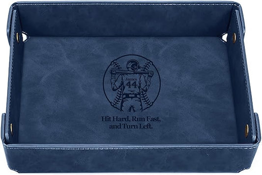 Engraved Baseball Valet Tray–Personalized Leather Catchall with Custom Name–Men’s Nightstand Organizer for Keys, Wallet, Jewelry, and Essentials – Unique Baseball Fan Gift for Home or Office - Blue