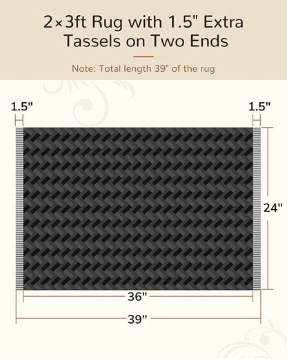 BESTSWEETIE 2x3 Washable Rug Hand-Woven Low Pile Soft Modern Farmhouse Bohemian Decor Reversible Braided Rugs with Tassels Throw Carpet for Living Room Bedroom Entryway Bathroom, Black White