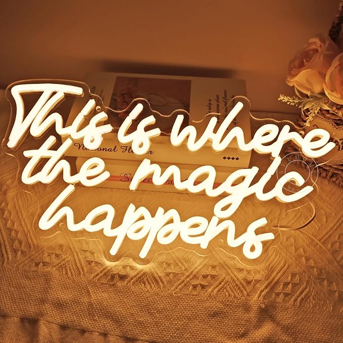SYLHOME This Is Where The Magic Happens Led Neon Light Sign Bedroom Wedding Birthday Party Wall Decor Sign Bar Pub Kids Room Decoration USB 16.9" X 8.9" Warm White