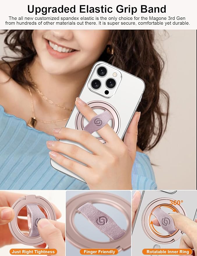 EWA MagOne 3rd Gen [Compatible with MagSafe] Phone Grip Stand with Finger Strap, Removable Magnetic Ring Holder Kickstand Loop for iPhone 17,16,15,14,13,12 Series (Pink)
