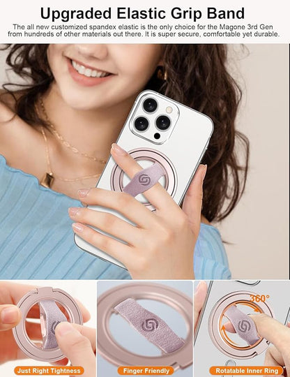 EWA MagOne 3rd Gen [Compatible with MagSafe] Phone Grip Stand with Finger Strap, Removable Magnetic Ring Holder Kickstand Loop for iPhone 17,16,15,14,13,12 Series (Pink)