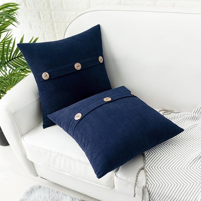 HWY 50 Navy Blue Chenille Throw Pillow Covers 18x18 Inch with Triple Buttons, Soft Farmhouse Accent Decorative Cushion Cases for Couch Sofa Bed Living Room Pack of 2