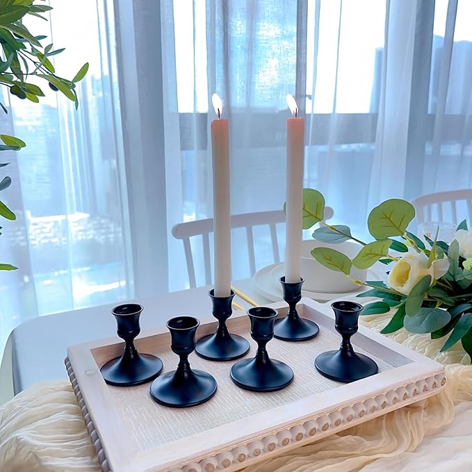 Vintage Black Taper Candle Holders, Set of 12, Metal Taper Candlestick Holder for Dinner Room Table Centerpiece, Wedding Reception, Festive,Mantel Decoration, Home Decor (Black, Set of 12)