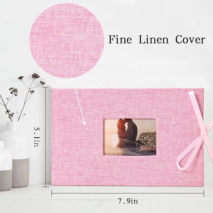 Vienrose Photo Album 4x6 50 Pockets Linen Frame Cover with Memo Areas Photobook Mini Slip-in Picture Book for Wedding Baby Vacation, Pink