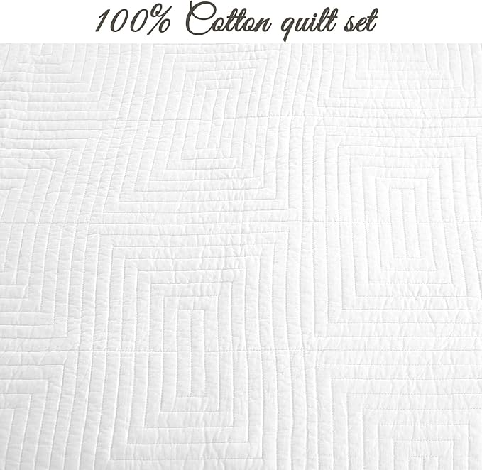 Cozy Line Home Fashions 100% Cotton Square Check Stitch Solid White Quilt Bedding Set, Bedspread Coverlet Lightweight for All Seasons (Maze - White, Twin - 2 Piece)