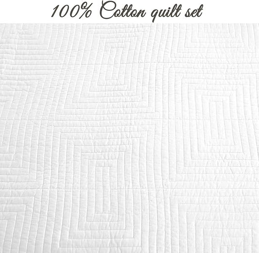 Cozy Line Home Fashions 100% Cotton Square Check Stitch Solid White Quilt Bedding Set, Bedspread Coverlet Lightweight for All Seasons (Maze - White, King - 3 Piece)