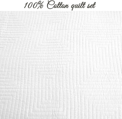 Cozy Line Home Fashions 100% Cotton Square Check Stitch Solid White Quilt Bedding Set, Bedspread Coverlet Lightweight for All Seasons (Maze - White, Queen - 3 Piece)
