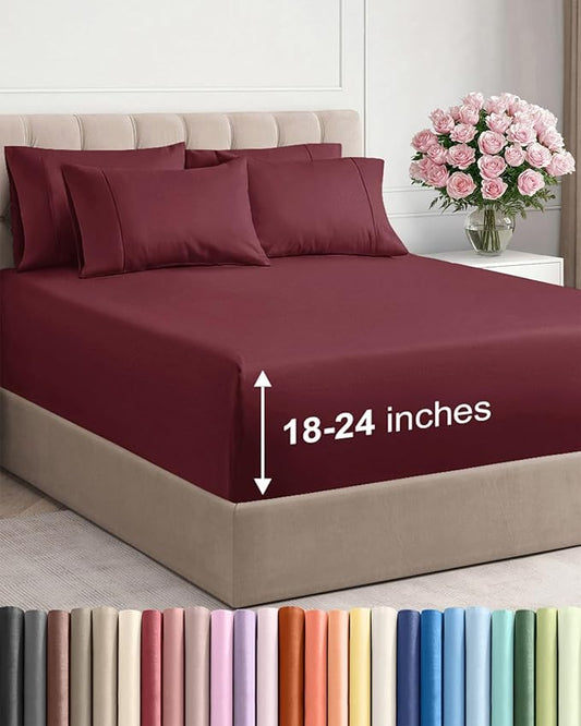 Extra Deep King Sheet Set - 6 Piece Breathable & Cooling Sheets - Hotel Luxury Bed Sheets Set - Easy & Secure Fit - Soft, Wrinkle Free & Comfy Sheets Set - Burgundy Sheet Set with Extra Deep Pockets
