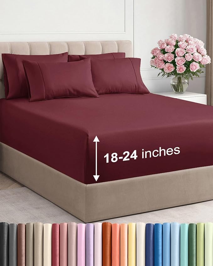 Extra Deep Cal King Sheet Set - 6 Piece Breathable and Cooling Sheets - Hotel Luxury Bed Sheets Set - Easy Fit - Soft, Wrinkle Free and Comfy Sheets Set - Burgundy Sheet Set with Extra Deep Pockets