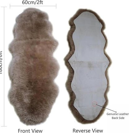Woolous Genuine New Zealand Sheepskin Double Pelt Rug- Handmade Sheep Skin Runner Rug, Soft Thick Natural Bedside Area Rug for Bedroom and Living Room Decor, (2x6 ft, Brown)