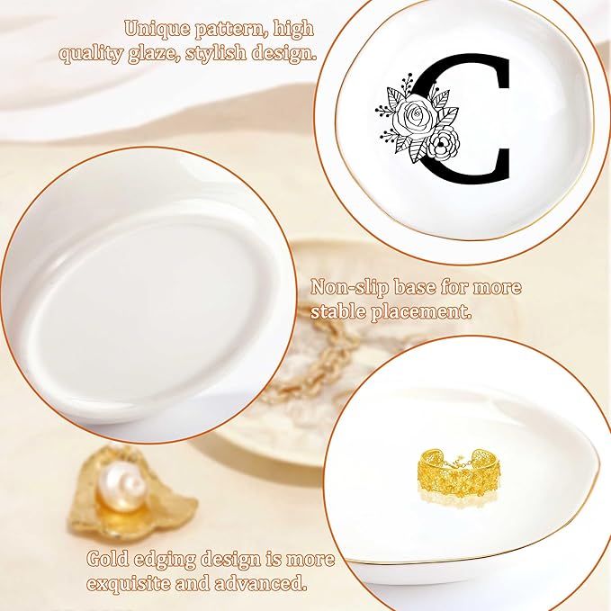 JoycuFF Initial C Ceramic Jewelry Tray, Bridesmaid Bride Gifts, Mothers Day Christmas Anniversary Engagement Birthday Gifts for Women Couples, Trinket Dish for Rings Earrings Necklaces Bracelets Keys