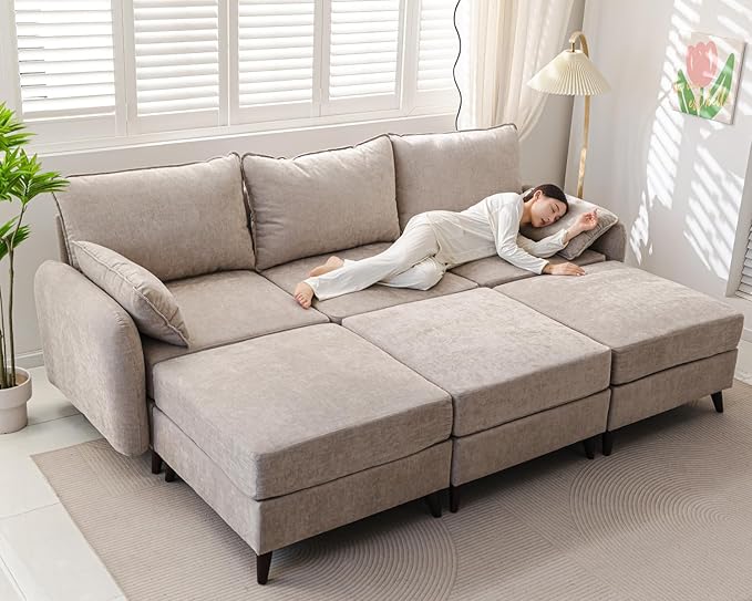 104'' Modular Sectional Sofa with Seats Storage,Oversized Sleeper Sofa Bed,Comfy Cloud Couches with Deep Seat,Couches for Living Room,Movable Ottoman,2 Throw Pillow,Chenille,Khaki