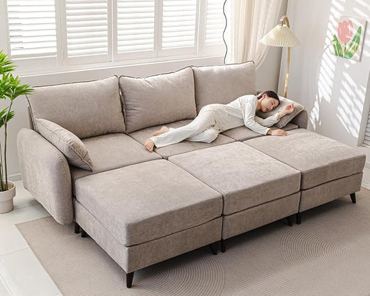104'' Modular Sectional Sofa with Seats Storage,Oversized Sleeper Sofa Bed,Comfy Cloud Couches with Deep Seat,Couches for Living Room,Movable Ottoman,2 Throw Pillow,Chenille,Khaki