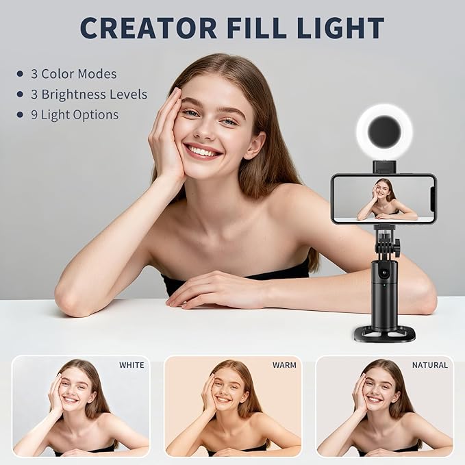 Auto Face Tracking Tripod 360 Rotation iPhone Desk Stand. Cell Phone Photo Vlogging Kit with Remote & Gesture Control. Rechargeable Smart Shooting Selfie Fill Light Stand for Live Record Tiktok No App