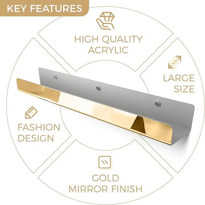 2 Pack 24 Inch Gold Reflective Acrylic Shelves, Gold Foating Shelves, Modern Sunglasses Essential Oil Picture Ledge Display Toy Storage Shelf