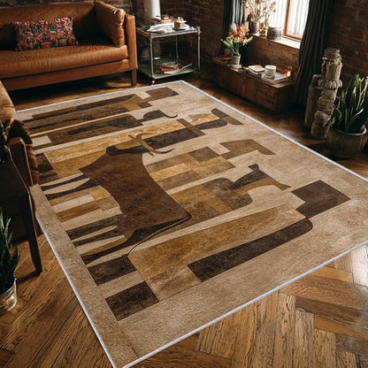 Boho Rug, 3x5 Area Rugs Abstract Art Cow People Pattern for Entryway, Living Room, Bedroom, Boho Home Decor Accessories Indoor Carpet, Non Slip & Machine Washable