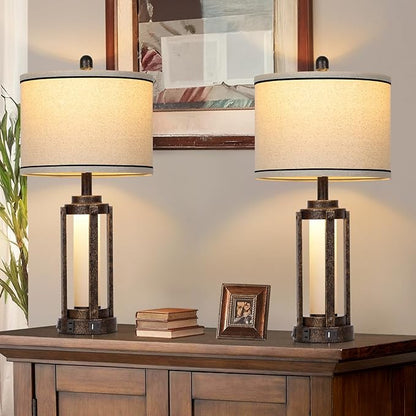 26" Farmhouse Table Lamps Set of 2, Vintage Rustic Industrial Beside Lamps with USB A+C Charging Ports & AC Outlet, Nightstand Lamp with Glass Night Light & Linen Fabric Shade for Living Room Bedrooms
