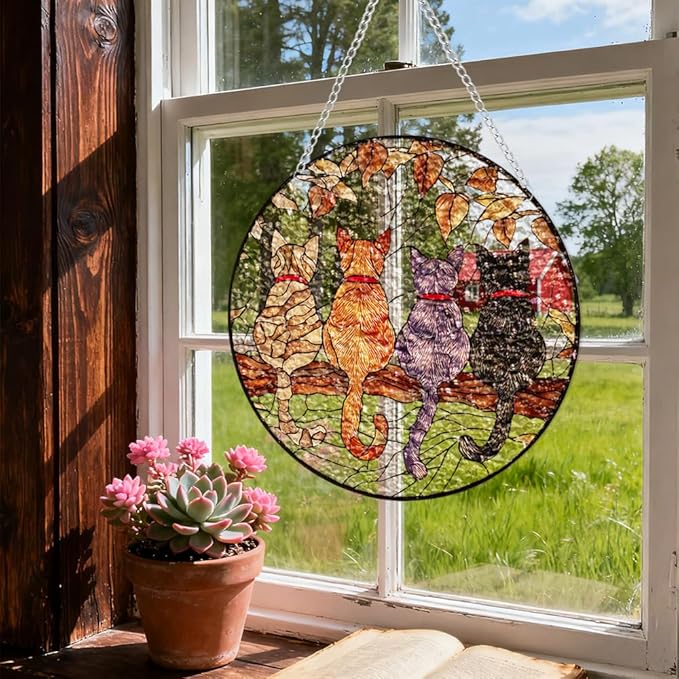 Chrismas Acrylic Stained Glass Window Hanging,Cat Sun Catcher Decor Stained Panel Hangings Wall Art Decor, 8x8inch (SCL037Cat)