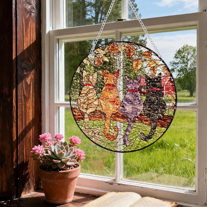 Chrismas Acrylic Stained Glass Window Hanging,Cat Sun Catcher Decor Stained Panel Hangings Wall Art Decor, 8x8inch (SCL037Cat)