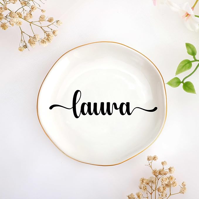 JoycuFF Laura Personalized Name Ceramic Jewelry Tray, Mothers Day Christmas Anniversary Engagement Birthday Gifts for Women Couples, Trinket Dish for Rings Earrings Necklaces Bracelets Keys