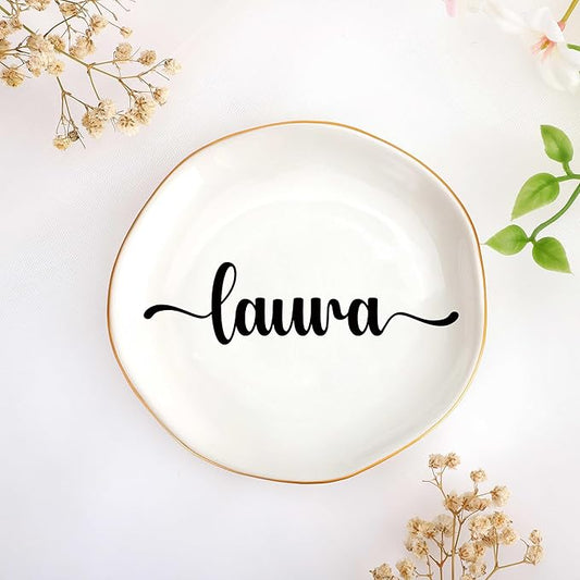 JoycuFF Laura Personalized Name Ceramic Jewelry Tray, Mothers Day Christmas Anniversary Engagement Birthday Gifts for Women Couples, Trinket Dish for Rings Earrings Necklaces Bracelets Keys