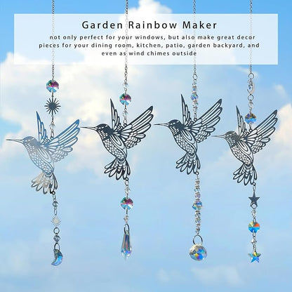 Artilady Suncatcher Hummingbird Wind Chimes for Outside Hanging Prism Crystal Sun Catchers Indoor Window Garden Porch Backyard Decor Birthday for Women Girls (Silver, 4 PCS)