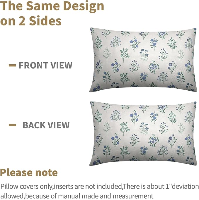 Blue Green Block Print Pillow Covers 12x20 Set of 2 Decorations Vintage Floral Throw Pillow Covers Decor Rustic Pillowcases Flower Pattern Farmhouse Cozy Soft for Sofa Bed Chair Home Decorative