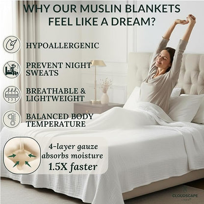 Luxury 100% Cotton Muslin Blanket Twin Size, 4 Layer 68x90 Fits Upto TwinXL Bed, Soft Cotton Gauze Quilt, Layering Winter Blankets for Bed, All Season White Bedding