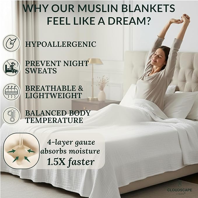 Luxury 100% Cotton Muslin Blanket King Size, 4 Layer Oversized 92x108 Fit Upto Calking Bed, Layering Winter Blankets for Bed, Soft Cotton Gauze Quilt, All Season White Bedding