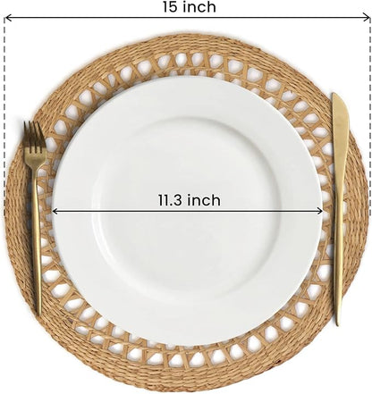 15" Round Seagrass Placemats – Set of 10 | Boho Rattan Woven Table Mats, Farmhouse Plate Chargers for Spring, Weddings, Parties & Christmas Décor | Natural Water Hyacinth & Corn Husk Style