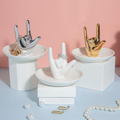 I LOVE YOU Hand Ring Holder - Ceramic Jewelry Holder Dish Trinket Tray for Rings, Earrings, Necklace Organizer, Engagement, Wedding, Christmas, Birthday Gifts (White)