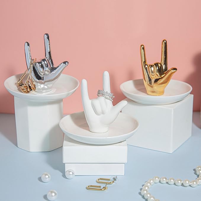 I LOVE YOU Hand Ring Holder - Ceramic Jewelry Holder Dish Trinket Tray for Rings, Earrings, Necklace Organizer - Engagement, Wedding, Christmas, Birthday Gifts (Silver)