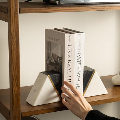 Cork & Mill Marble Book Ends for Shelves, Decorative Bookends for Heavy Books, Unique Mid Century Modern Gray and White Bookends with Brass Inlay, Heavy Duty Bookshelf Stopper, Set of 2