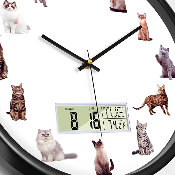 Large Display Modern LCD Clock with Calendar and Date Temperature Funny Cats Silent Battery Operated Digital Wall Clocks Non-Ticking Clock for Bathroom Kitchen Bedroom Living Room Decor 14 Inch