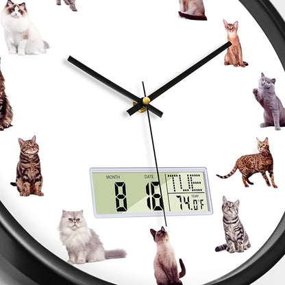Large Display Modern LCD Clock with Calendar and Date Temperature Funny Cats Silent Battery Operated Digital Wall Clocks Non-Ticking Clock for Bathroom Kitchen Bedroom Living Room Decor 14 Inch
