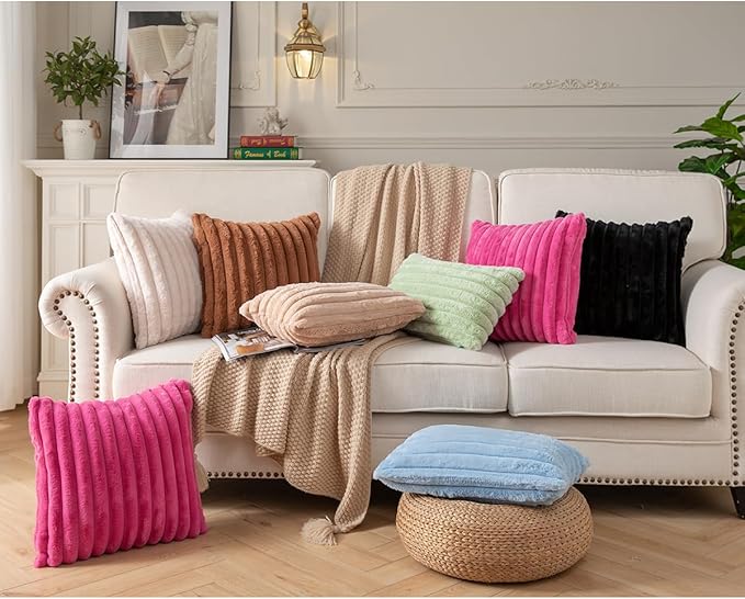 DEELAND Pack of 2,Double-Sided Faux Fur Plush Decorative Throw Pillow Covers Fuzzy Striped Soft Pillowcase Cushion Covers for Sofa Couch Bedroom Black 16x16 inch