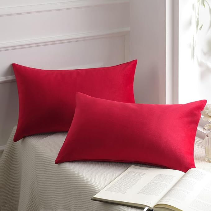Phantoscope Pack of 2 Velvet Decorative Throw Decorative Pillow Cover Soft Solid Square Cushion Case for Couch Wine Red 12 x 20 inches 30 x 50 cm