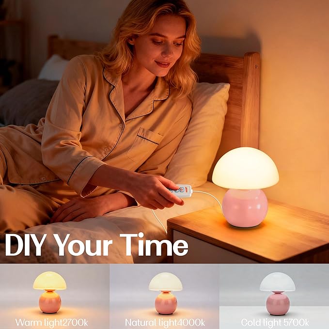 Cute Small Mushroom Lamp Decor,USB-Plug in Bedside Table Lamps with 3-Temperature LED Bulb Dimmable,Modern Aesthetic Home Decor for Livingroom/Bedroom/Dorm/Nursery (Pink with Plug)