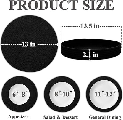Round Placemats Set of 6 with Holder, Cotton Rope Woven Place Mats, Hot Pads for Kitchen, Heat Resistant Table Mats, 13 Inch Farmhouse Washable Braided Placemat for Kitchen Decor (Black)
