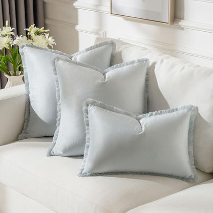 FUTEI Light Blue Velvet Decorative Throw Pillow Covers 22x22 Set of 2,Soft Cozy Edge with Tassels Cushion Case,Boho Modern Home Decor for Couch Bed Living Room
