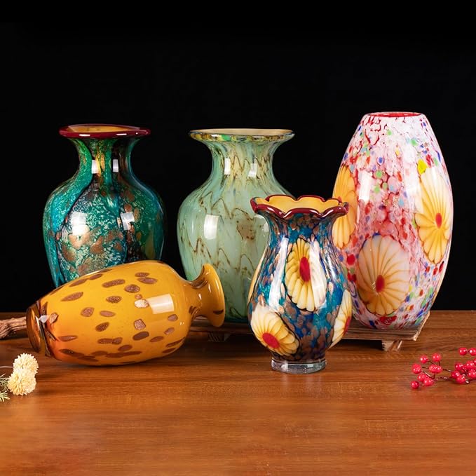 KAMMAK Colored Glass Vase, Beautiful Hand Blown Decorative Vase, Modern Art Vase for Flower Mantle Dining Table Centerpiece, Entryway Living Room Wedding Decoration, SKQ007