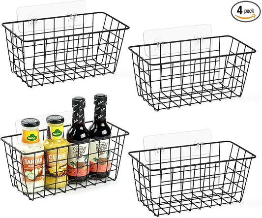 4 Pack Hanging Kitchen Baskets, Adhesive Wire Wall Storage Basket, No Drilling Hanging Fruit Baskets, Cabinet Door Organizer for Kitchen Bathroom Pantry, Upgrade Super-sized Adhesive (4)