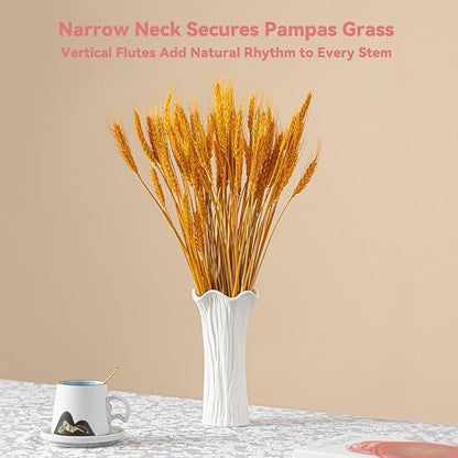 White Ceramic Vase with Ruffled Rim & Vertical Fluted Texture - 8.5" Unique Flower Vase for Pampas Grass & Centerpieces, Decorative Boho/Farmhouse Vase for Living Room, Office & Gift for Her/Yourself